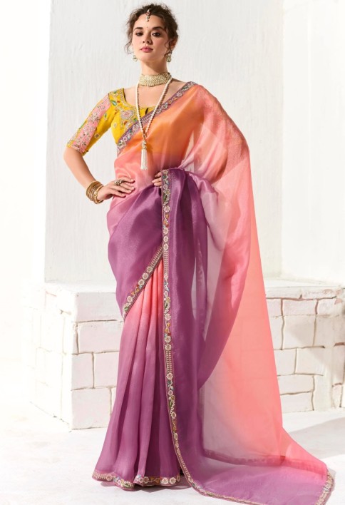 RAVISHING PEACH & PURPLE SHADED TISSUE SILK BRIDESMAID SAREE WITH BLOUSE